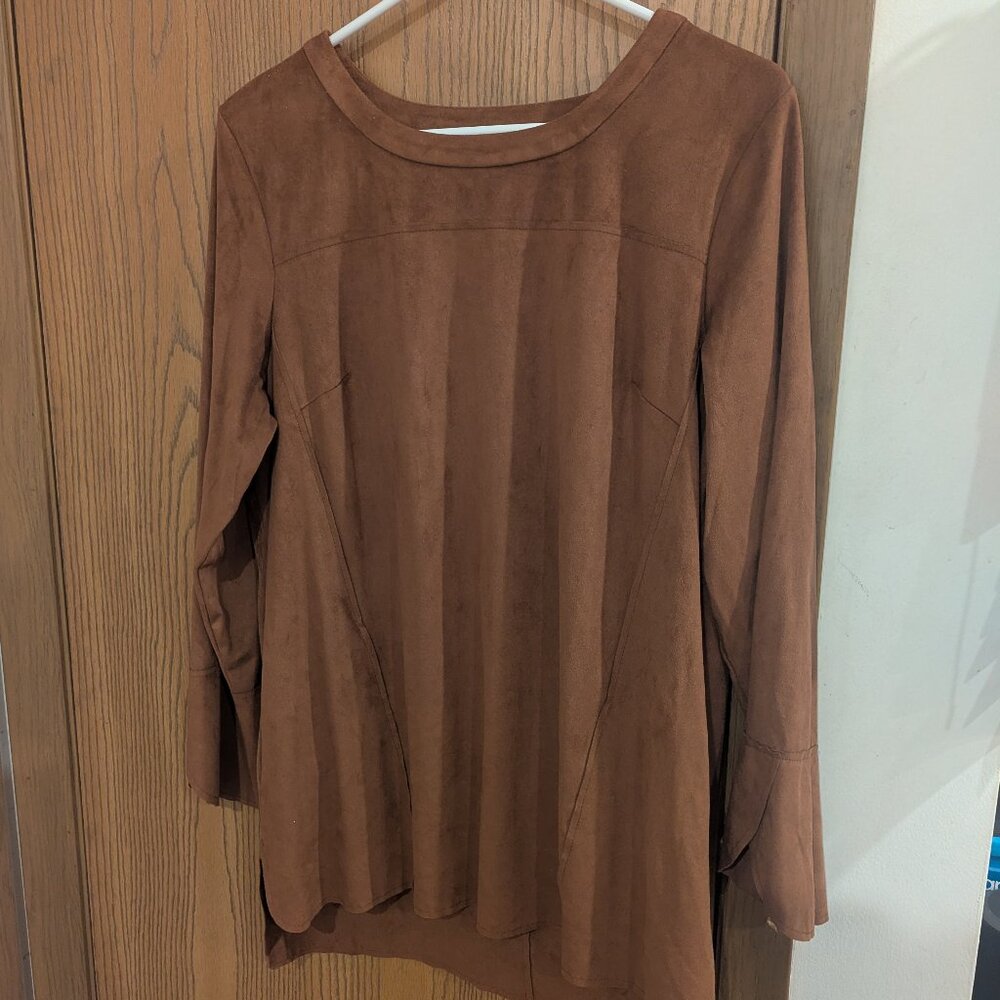 Denim and Company (D & Co) Faux Suede Brown Long Sleeve Shirt-Women's Medium